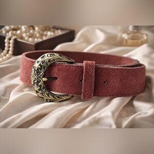 Vintage Alexon Women's Burgundy Suede Belt with Ornate Gold-Tone Buckle British